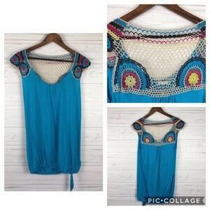 Forever 21 XXI Geometric Crochet Tie Draped‎ Cap Sleeve ScoopNeck Popover Blouse